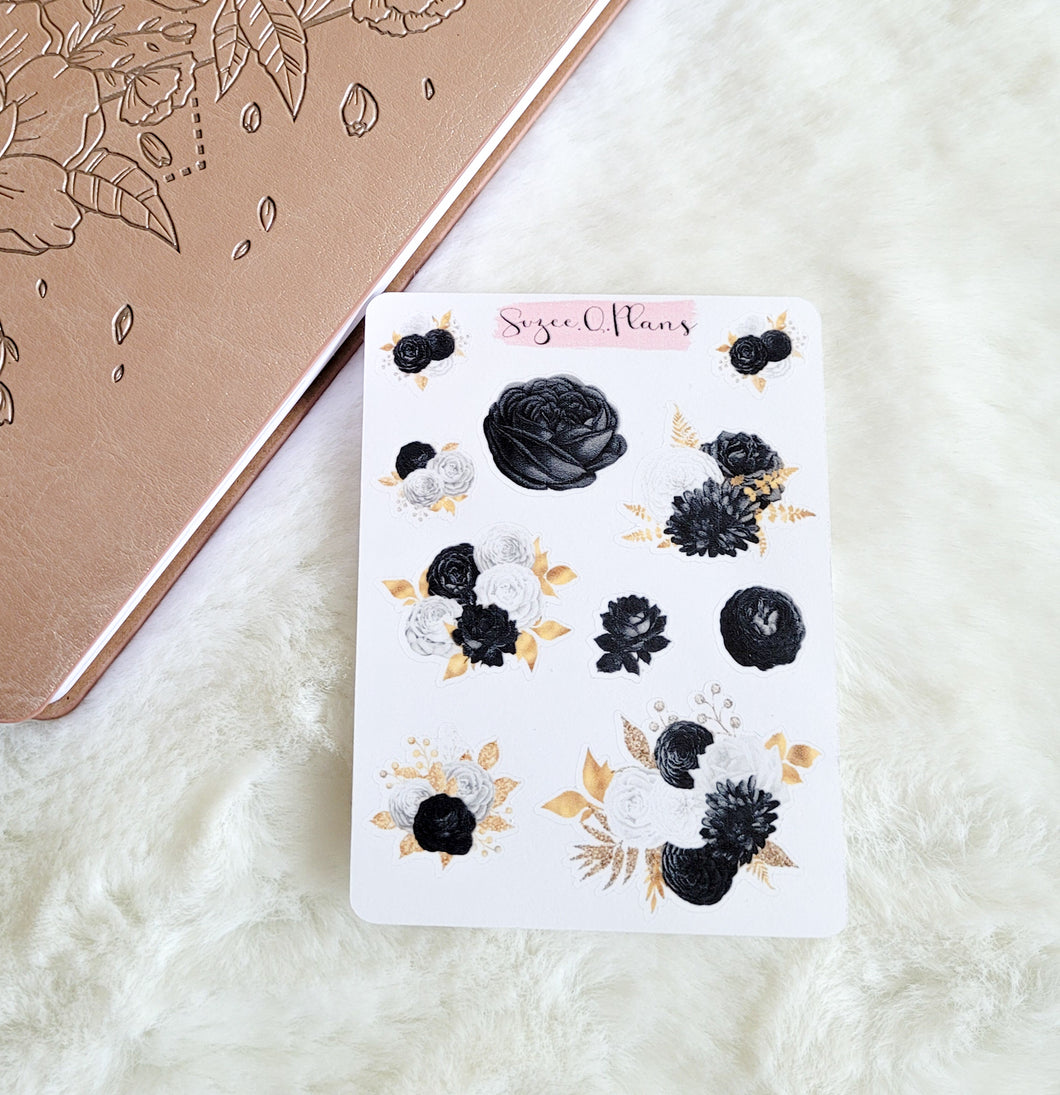 Black White and Gold Floral Rose Stickers